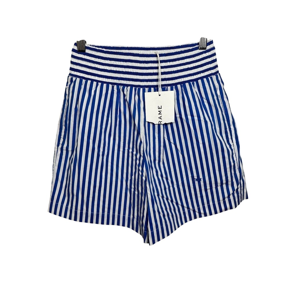 FRAME Striped Smocked Waist Shorts Women XS Blue White LWWB0754 JSML Cotton